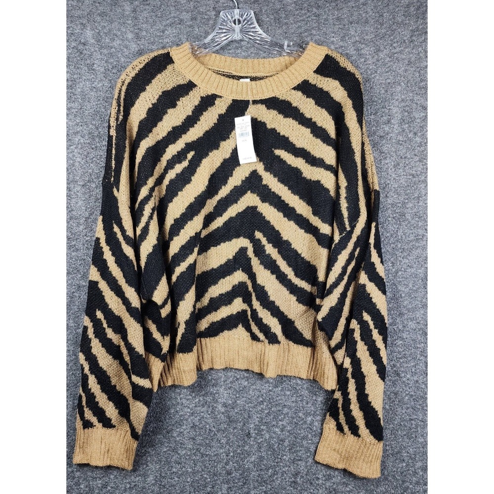 American Eagle Sweater Women XL Tan Black Zebra Print Wool Blend Crew Neck NEW